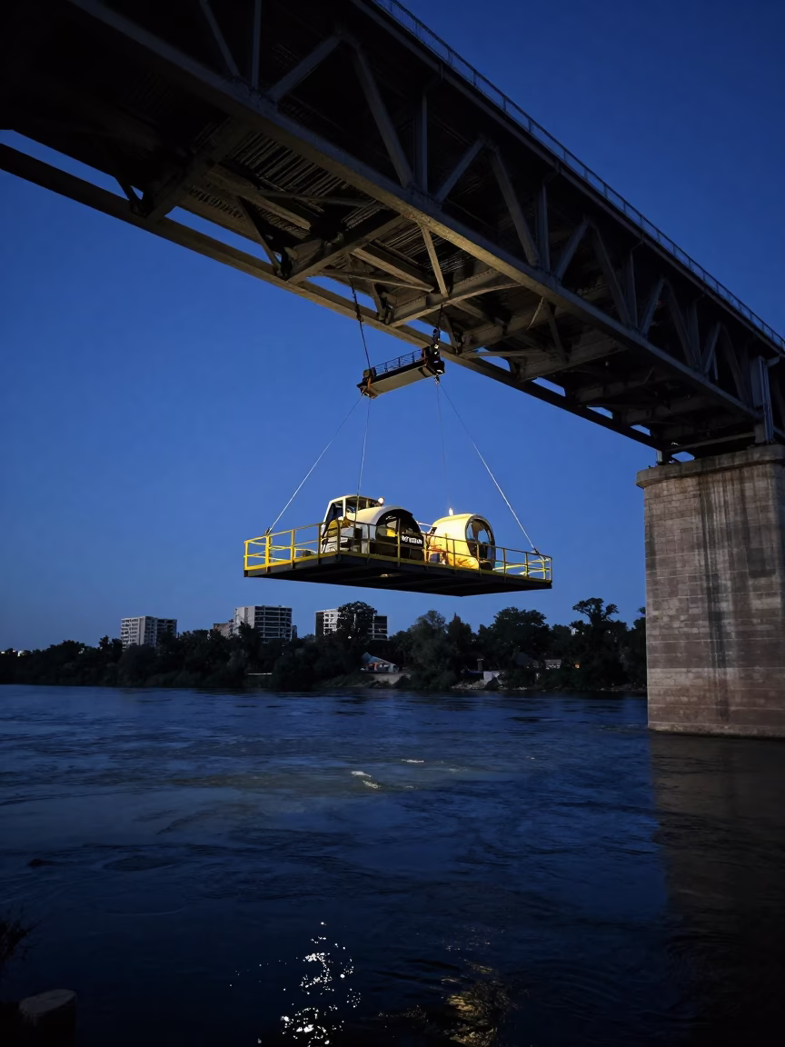 Austin Texas Late Night Bridge Maintenance Cradle Over Colorado River in in Austin, Texas, United States