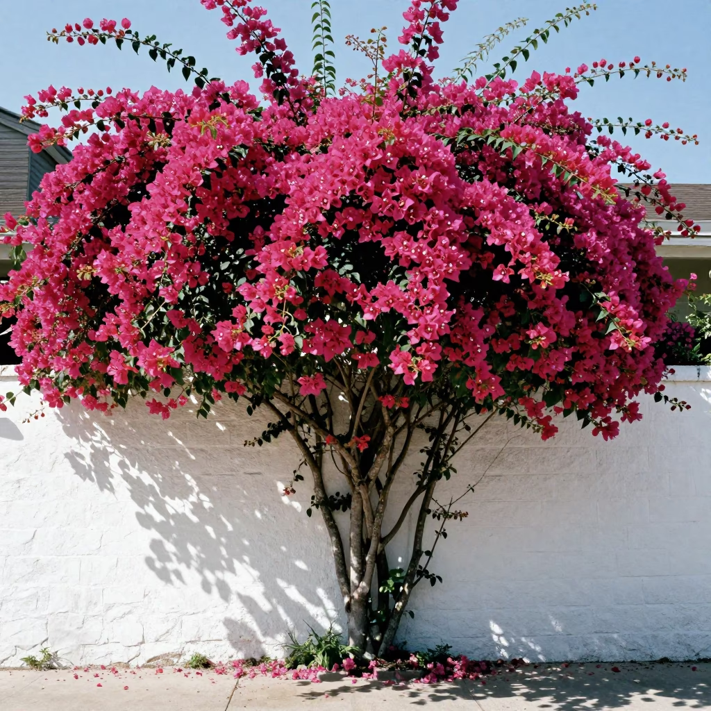 Austin Texas Midday Bougainvillea Cascade Over White Garden Wall with Houseplants in in Austin, Texas, United States