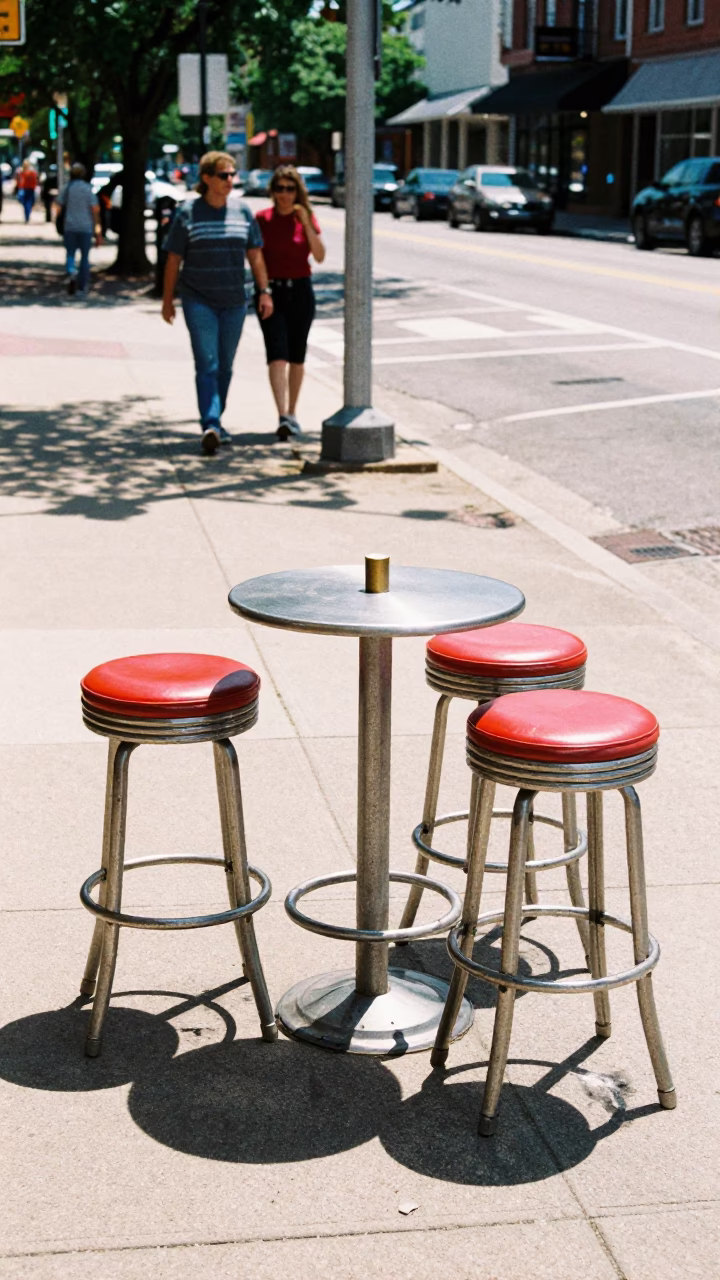 Austin Texas Midday Street Scene with Vintage Bar Stools and Pastries at Local Cafe in in Austin, Texas, United States