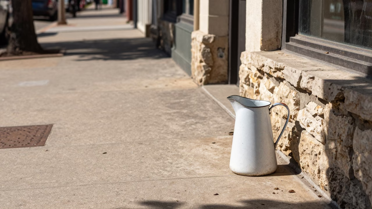 Austin Texas Midday Street Scene with Vintage Enamel Pitcher and Concrete Sidewalk in in Austin, Texas, United States