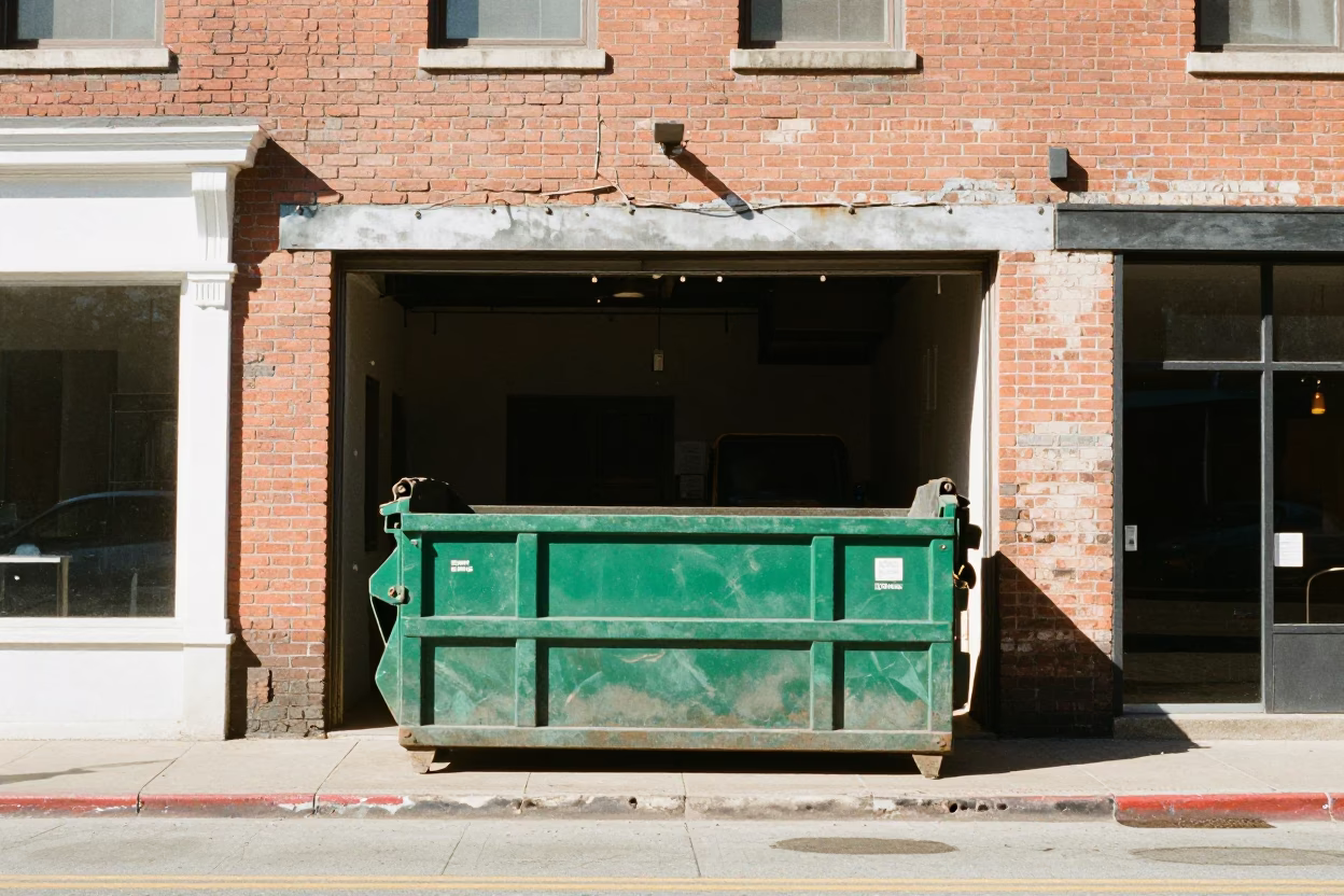 Austin Texas Midmorning Street Scene with Demolition Dumpster and Vintage Architecture in in Austin, Texas, United States