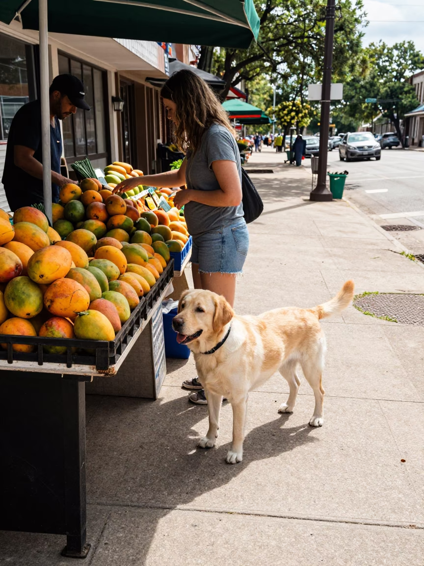 Austin Texas Midmorning Street Scene with Labrador Retriever and Mango Vendor in in Austin, Texas, United States