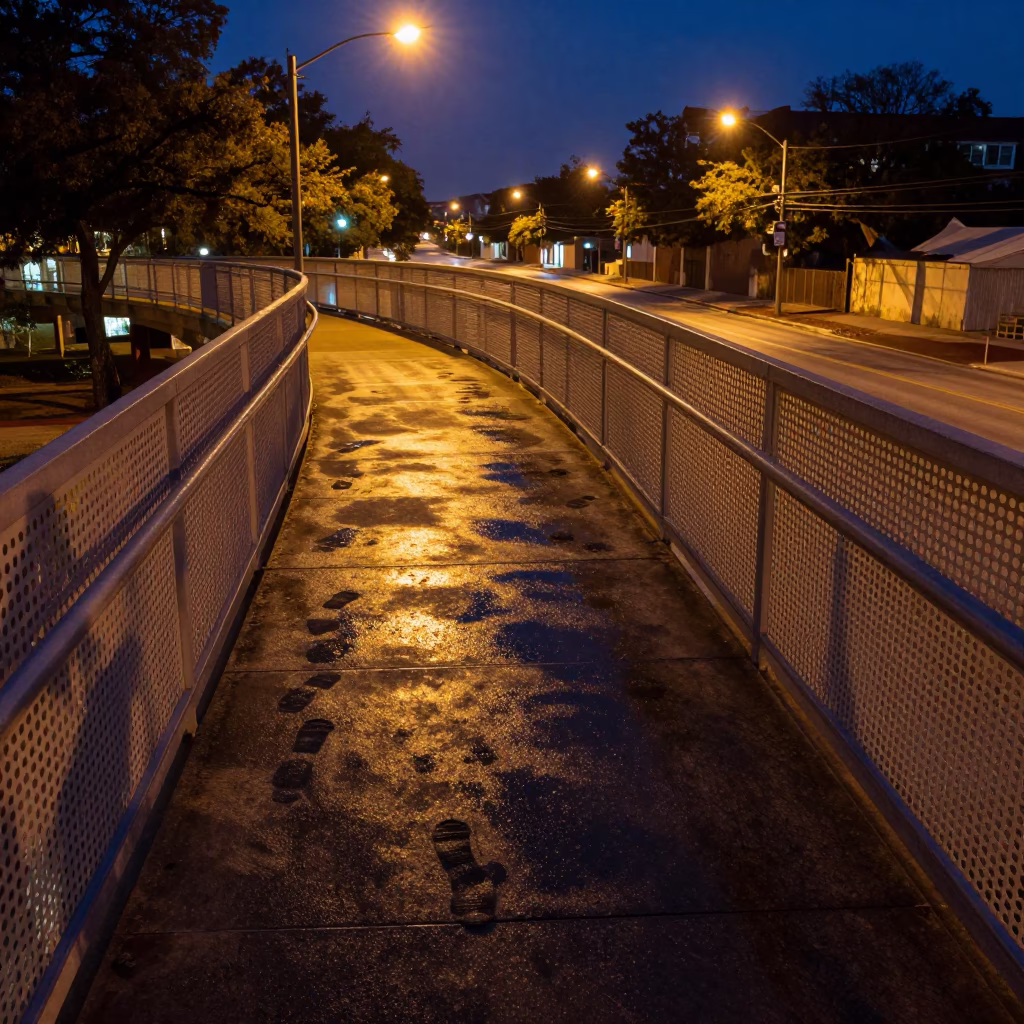 Austin Texas Midnight Pedestrian Overpass Perforated Metal Wet Footsteps and Chalk Tray in in Austin, Texas, United States