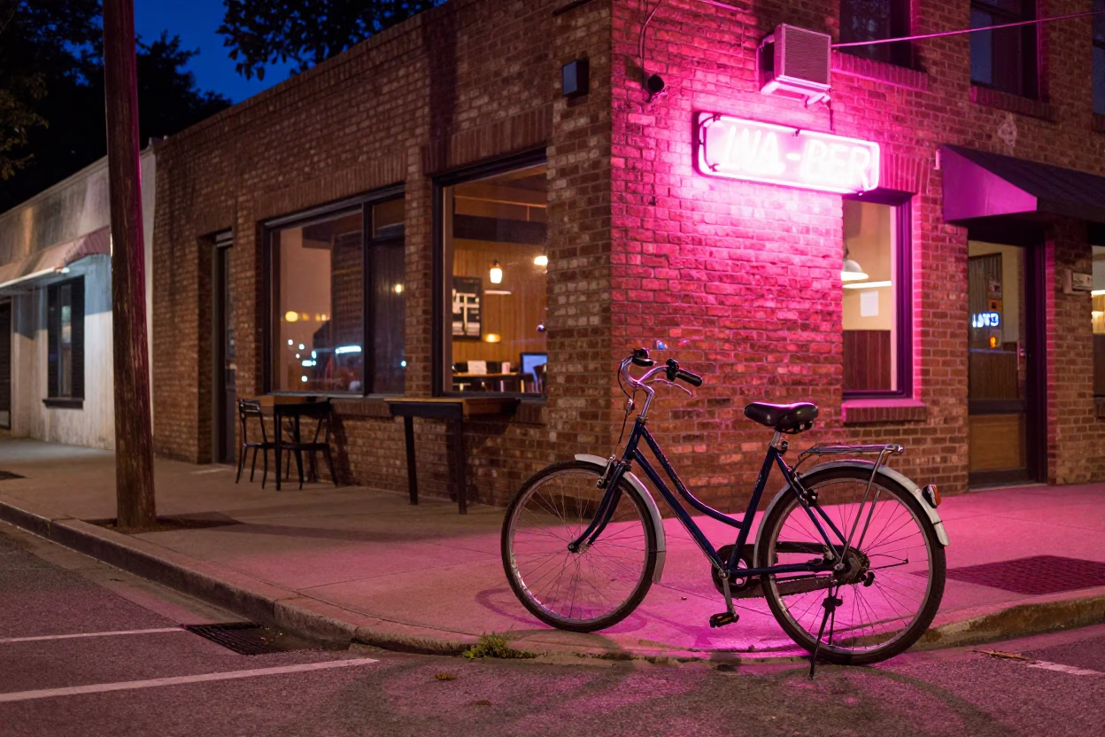 Austin Texas Midnight Street Scene with Bicycle and Neon Lights in in Austin, Texas, United States