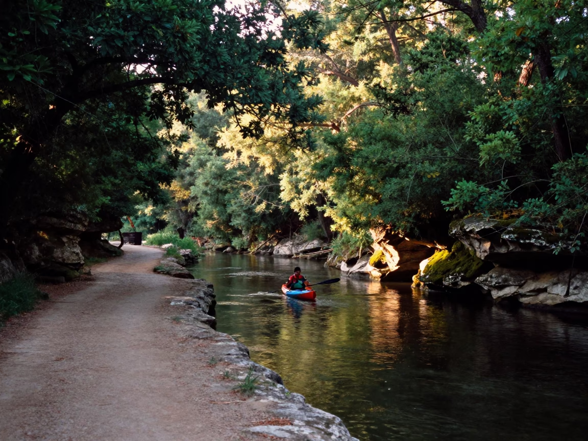 Austin Texas Morning Light on Barton Creek Greenbelt Trail with Kayak and Thermos in in Austin, Texas, United States