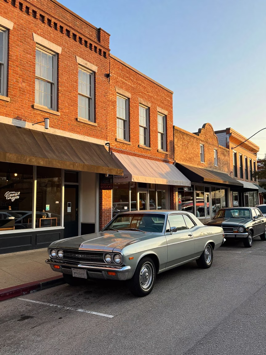 Austin Texas Morning Light on South Congress Avenue with Vintage Cars and Local Commerce in in Austin, Texas, United States