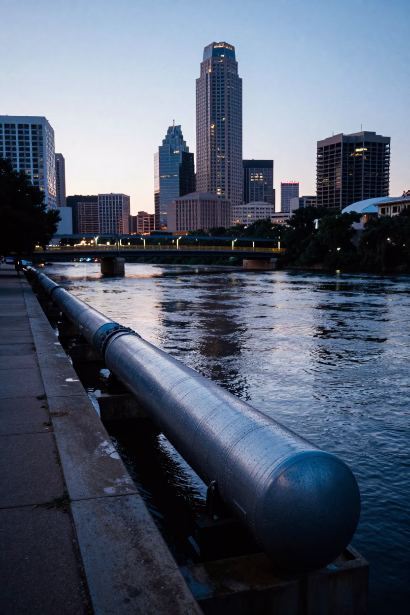 Austin Texas Nautical Dawn Street Scene with Pipeline Infrastructure and Urban Details in in Austin, Texas, United States