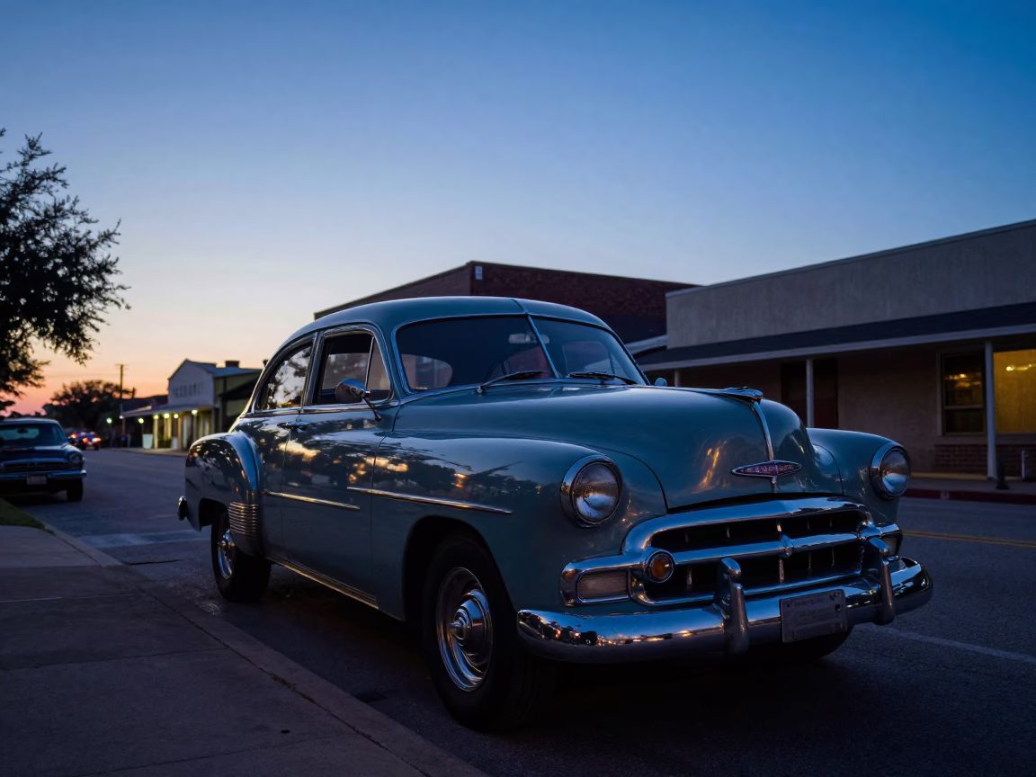 Austin Texas Nautical Dawn Street Scene with Vintage 1950s Car and Local Commerce in in Austin, Texas, United States
