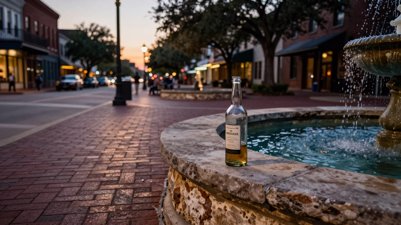 Austin Texas Nautical Dawn Street Scene with Vintage Bottle and Fountain Spray in in Austin, Texas, United States