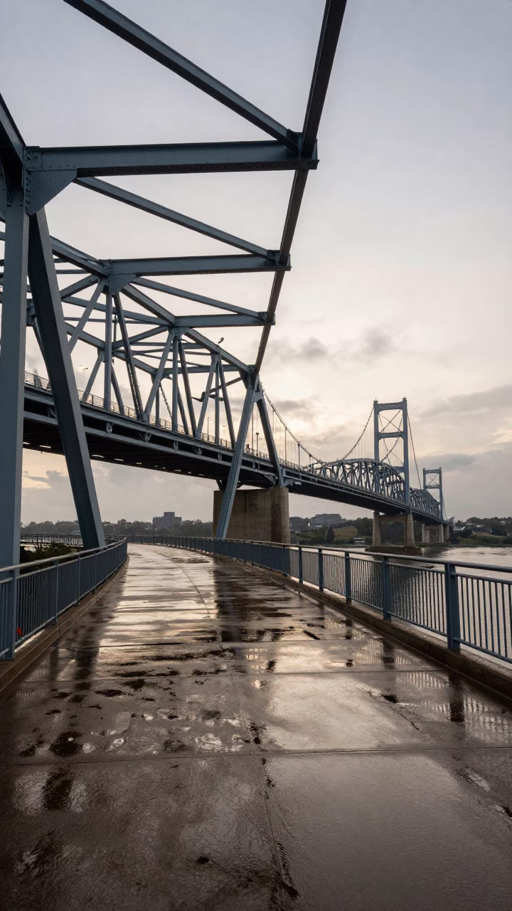 Austin Texas Nautical Dawn Suspension Bridge Steel Structure and River Mist in in Austin, Texas, United States
