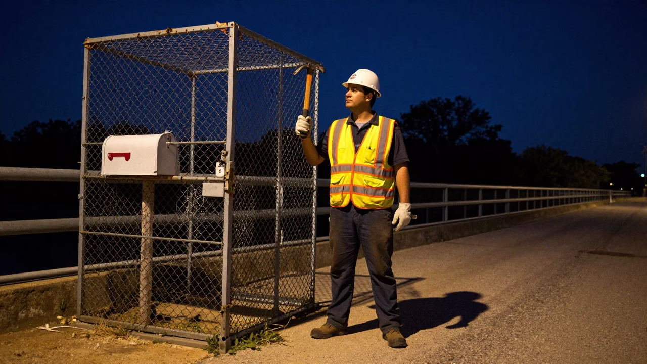 Austin Texas Night Bridge Maintenance Worker with Cage and Mailbox in in Austin, Texas, United States