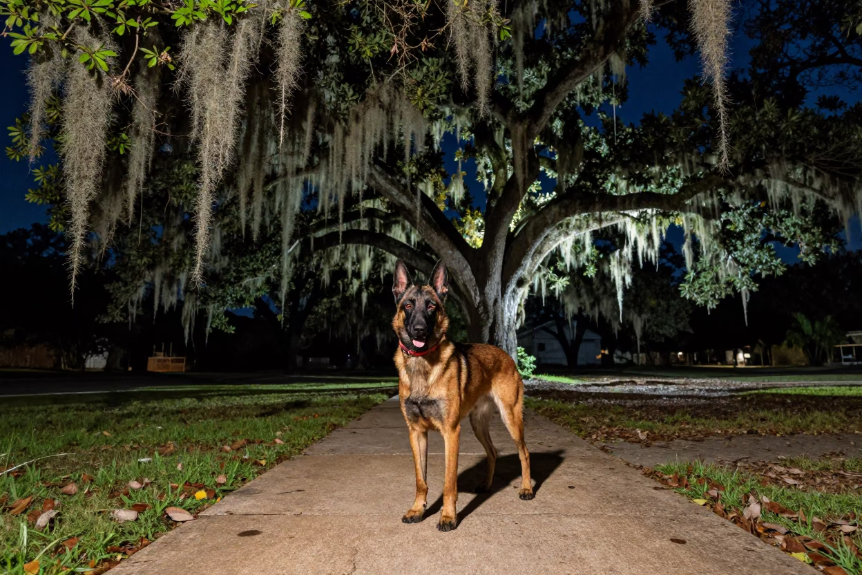 Austin Texas Night Live Oak Spanish Moss and Belgian Malinois Under Deep Sky in in Austin, Texas, United States