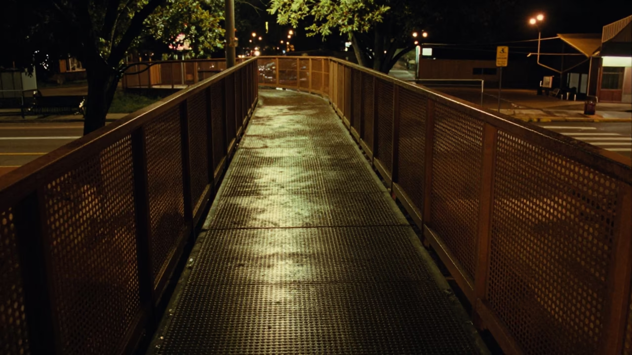 Austin Texas Night Pedestrian Overpass Perforated Metal Wet Footsteps Street Photography in in Austin, Texas, United States