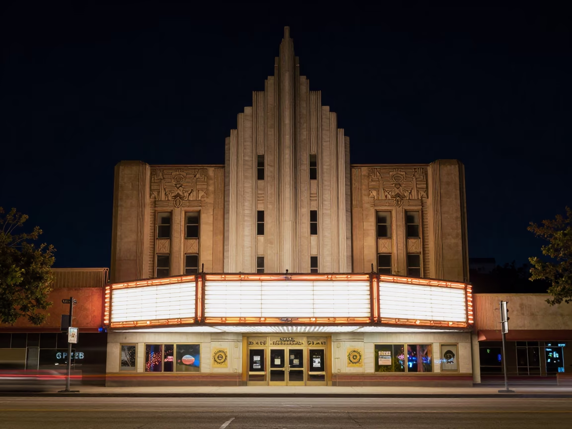 Austin Texas Night Scene with Art Deco Cinema Facade Under Deep Sky in in Austin, Texas, United States