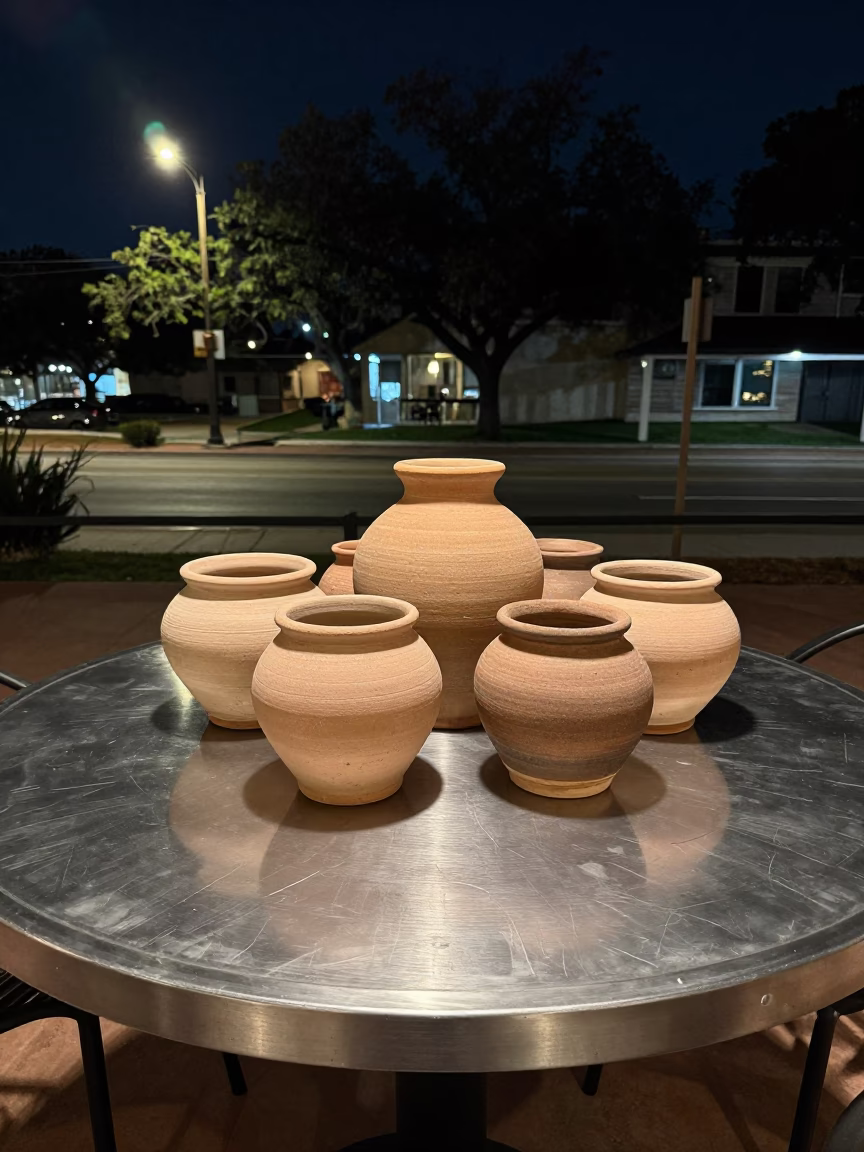 Austin Texas Night Scene with Brushed Steel Tabletop and Stoneware Crocks in in Austin, Texas, United States