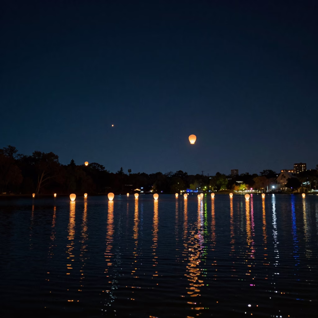 Austin Texas Night Sky Lantern Festival Reflections on Lady Bird Lake in in Austin, Texas, United States