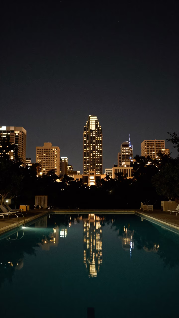 Austin Texas Night Sky Over Barton Springs Pool and City Lights in in Austin, Texas, United States