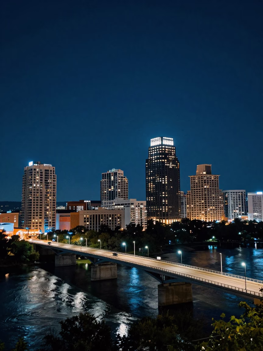 Austin Texas Night Sky Over Downtown Bridge with Street Scene in in Austin, Texas, United States