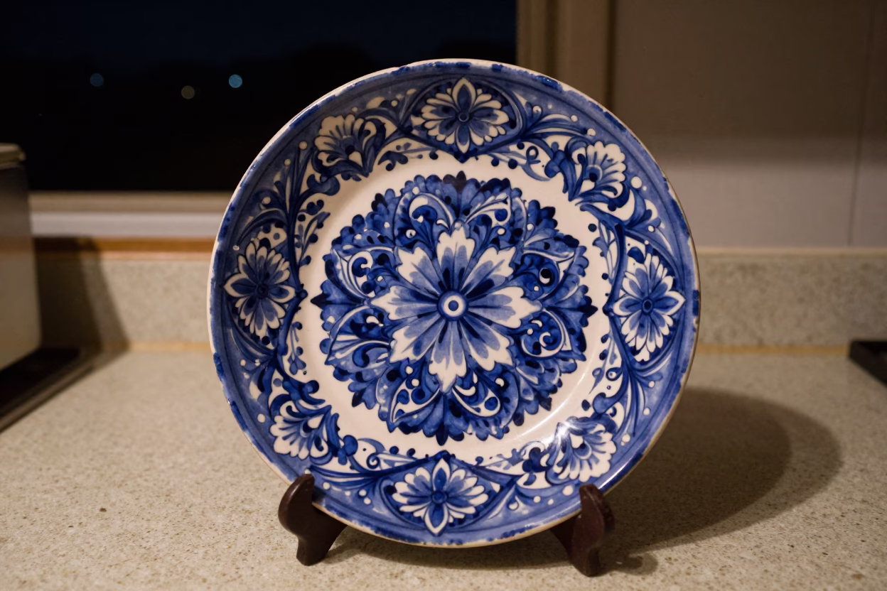 Austin Texas Night Sky Over Vintage Majolica Plate on Kitchen Counter in in Austin, Texas, United States