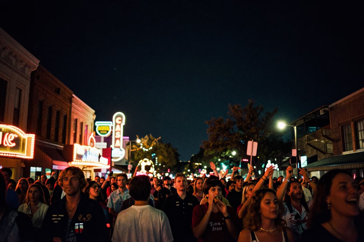 Austin Texas Night Sky Photography of Live Music Crowd and Neon Signs in in Austin, Texas, United States