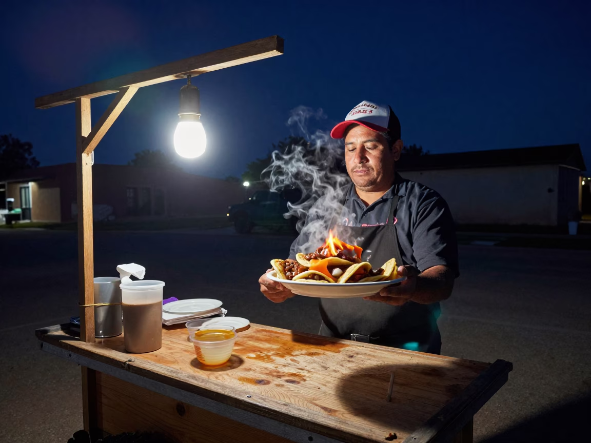 Austin Texas Night Sky Street Food Pupusas Curtido Radishes Flame Tree in in Austin, Texas, United States