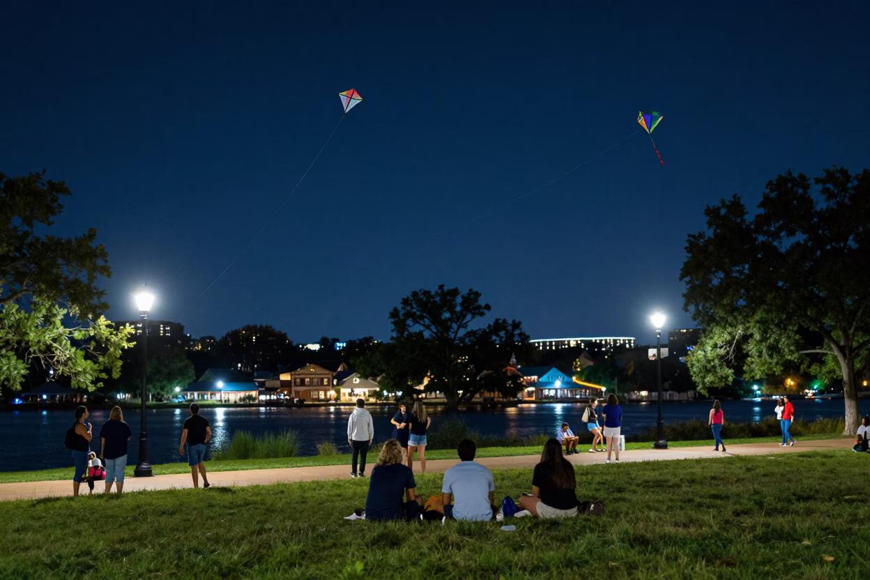 Austin Texas Night Sky Street Scene with Kites and Local Culture in in Austin, Texas, United States