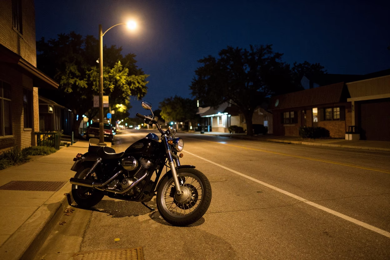 Austin Texas Night Street Scene with Motorcycle and Urban Light Reflections in in Austin, Texas, United States