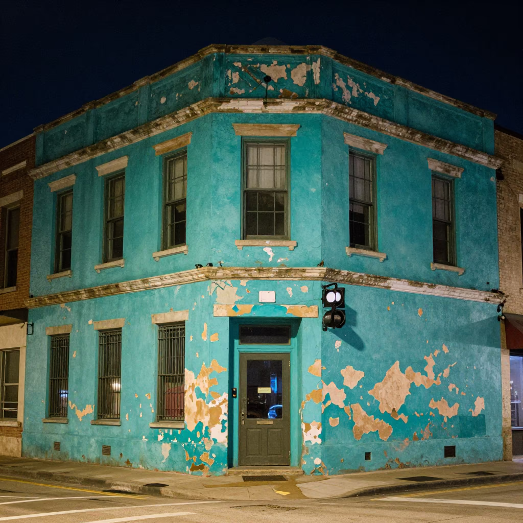 Austin Texas Night Street Scene With Peeling Turquoise Paint And Peg Rail Details in in Austin, Texas, United States