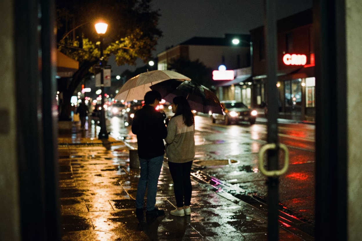 Austin Texas Night Street Scene With Umbrellas And Gate Handle in in Austin, Texas, United States