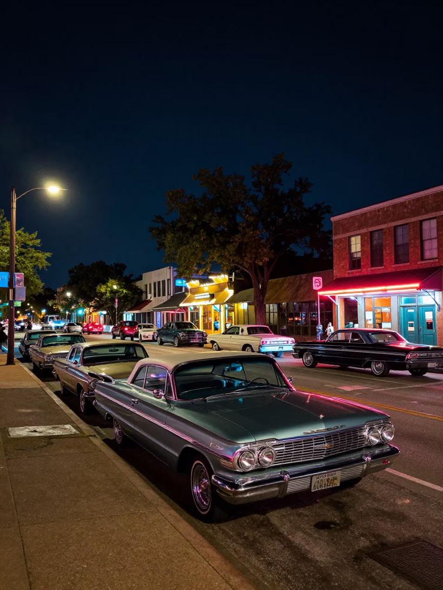 Austin Texas Night Street Scene with Vintage Cars and Neon Lights in in Austin, Texas, United States
