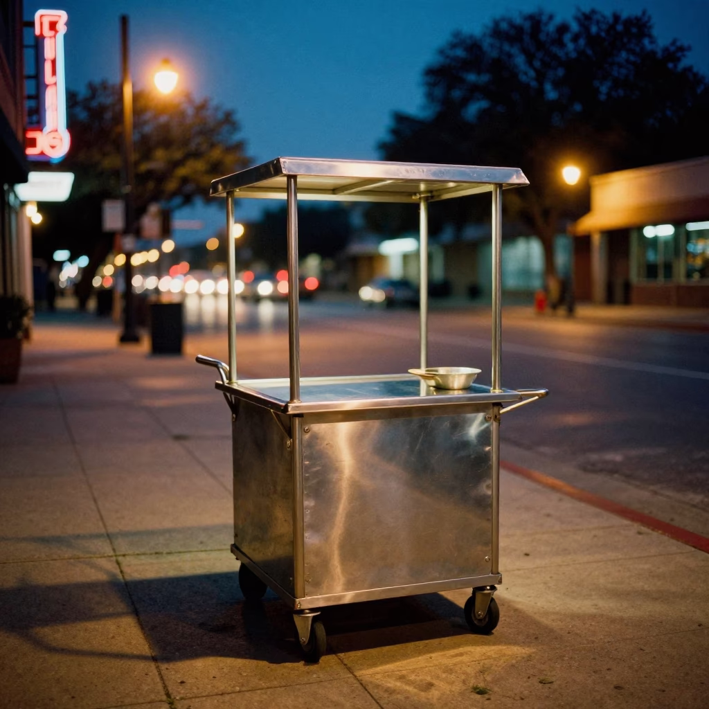 Austin Texas Night Street Vendor Rolling Cart Under Mixed City Light in in Austin, Texas, United States