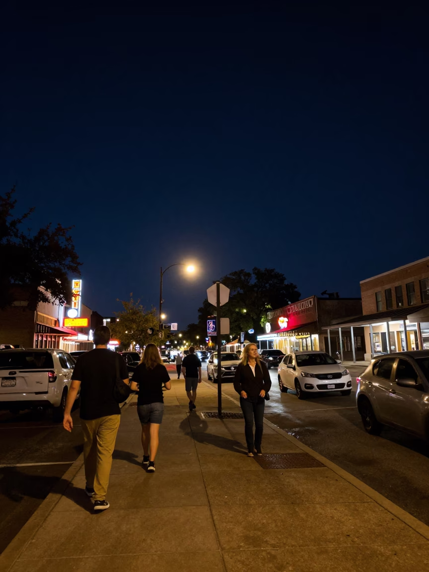 Austin Texas Nightlife Street Scene Under Deep Night Sky With Local Bar Details in in Austin, Texas, United States