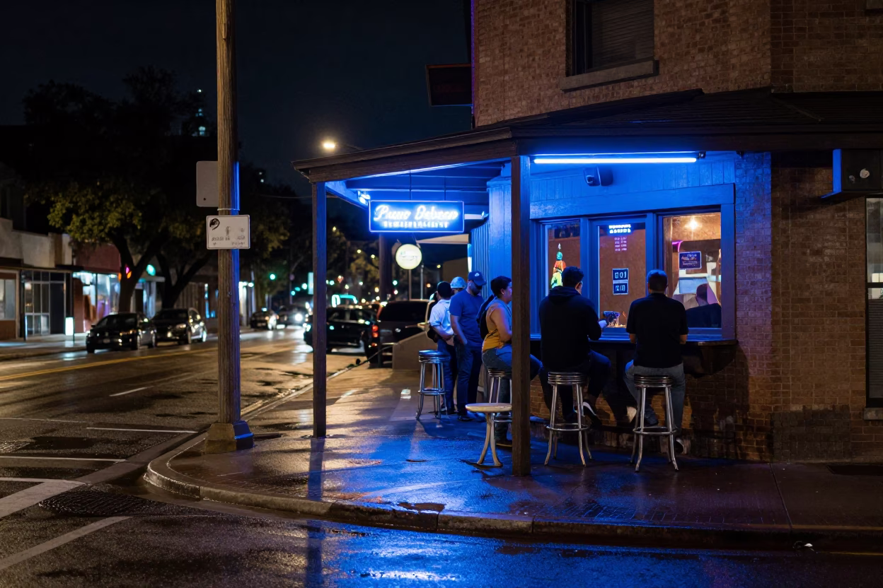 Austin Texas Nighttime Street Scene with Bar Stools and Local Interaction in in Austin, Texas, United States