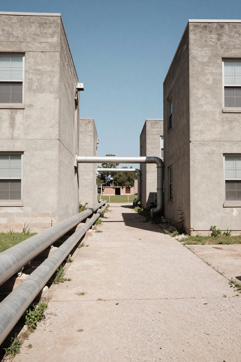 Austin Texas Noon Light District Heating Pipes Between Concrete Apartment Blocks in in Austin, Texas, United States