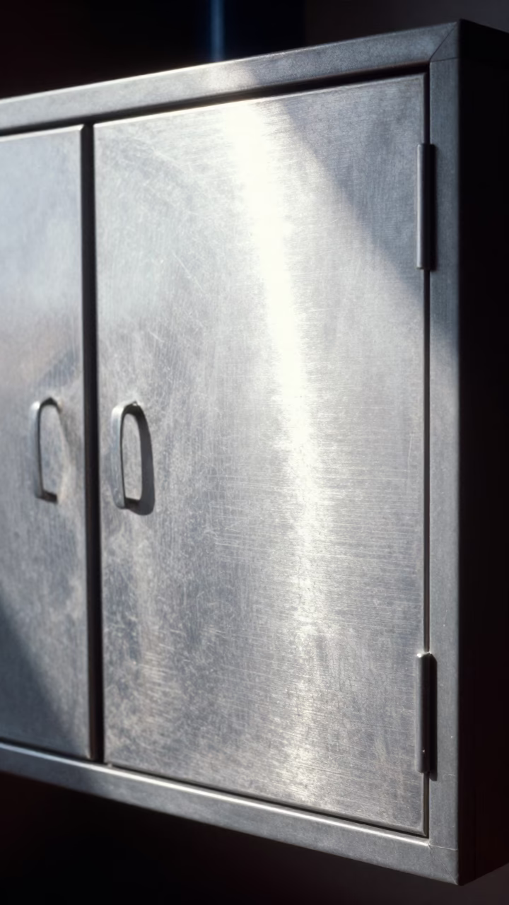 Austin Texas Noon Light on Brushed Steel Cabinet Door and Glass Tumblers in in Austin, Texas, United States