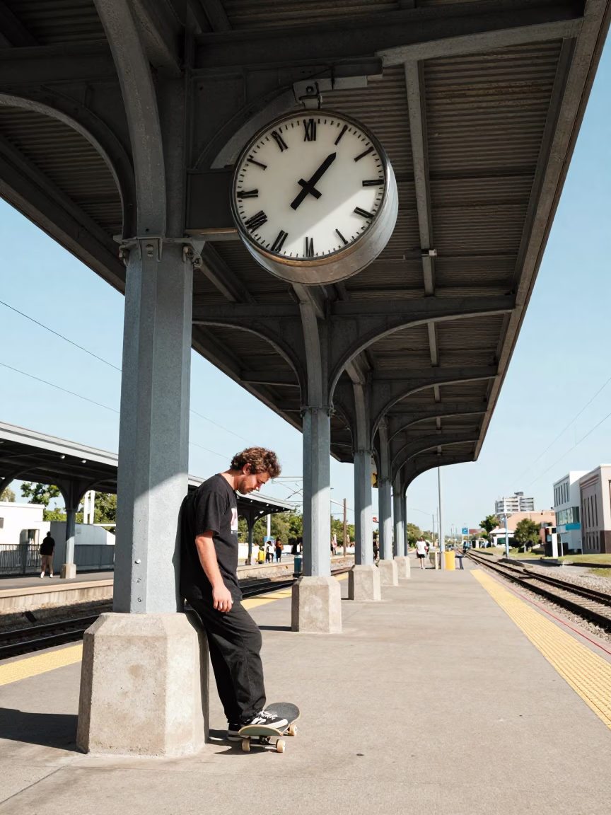 Austin Texas Noon Skateboarder at Train Station Clock Under Iron Roof in in Austin, Texas, United States