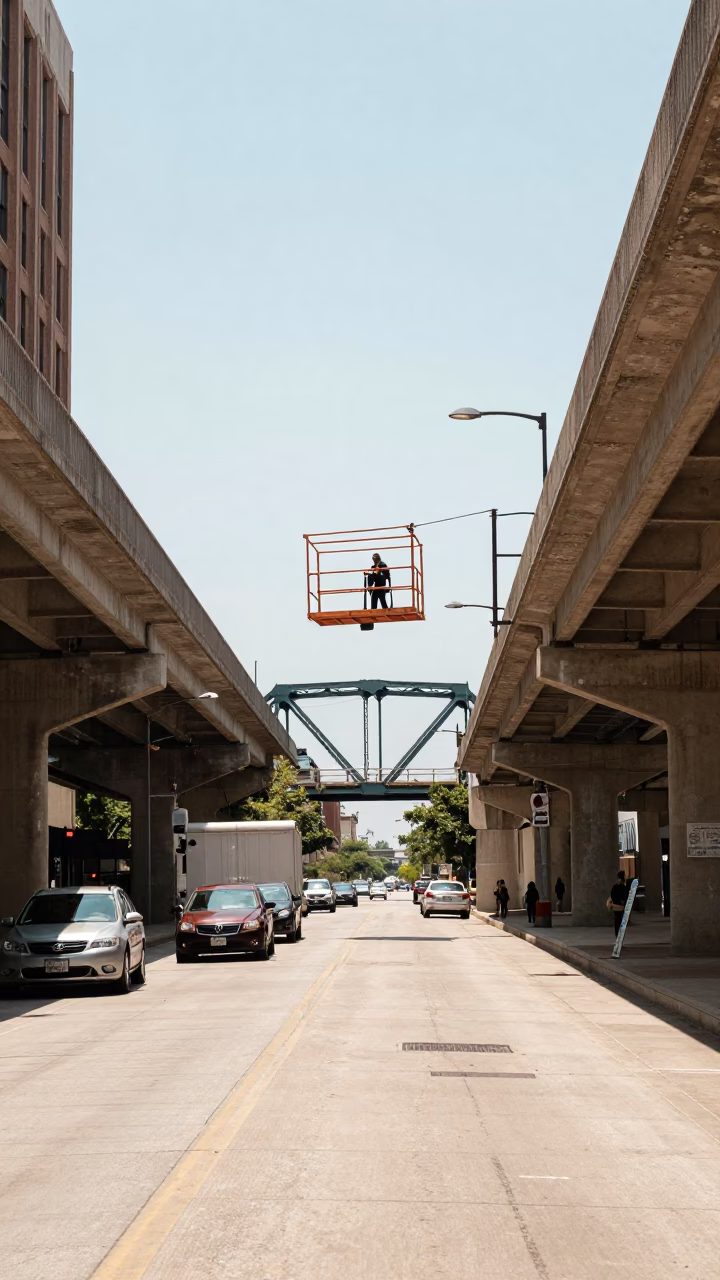 Austin Texas Noon Street Scene with Bridge Maintenance Cage and Local Interaction in in Austin, Texas, United States