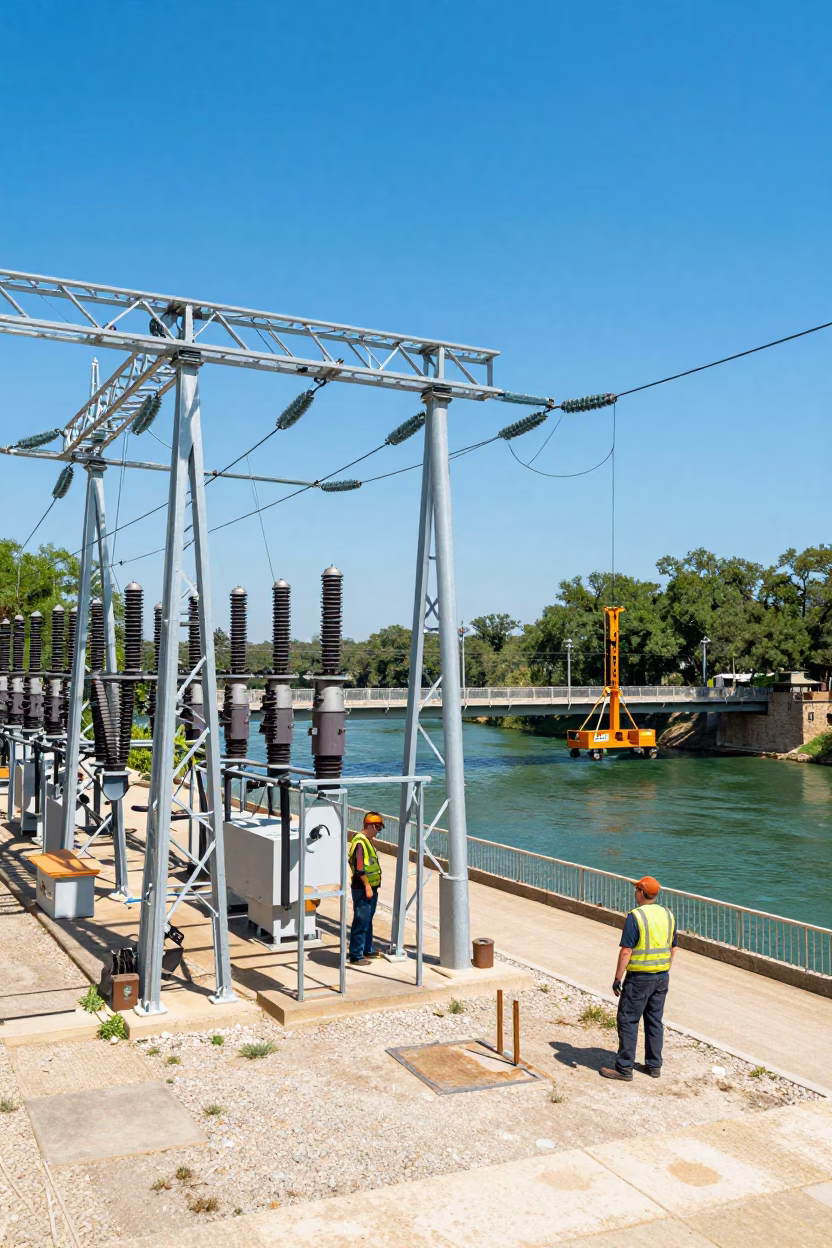Austin Texas noon street scene with power substation lattice and bridge maintenance cradle in in Austin, Texas, United States