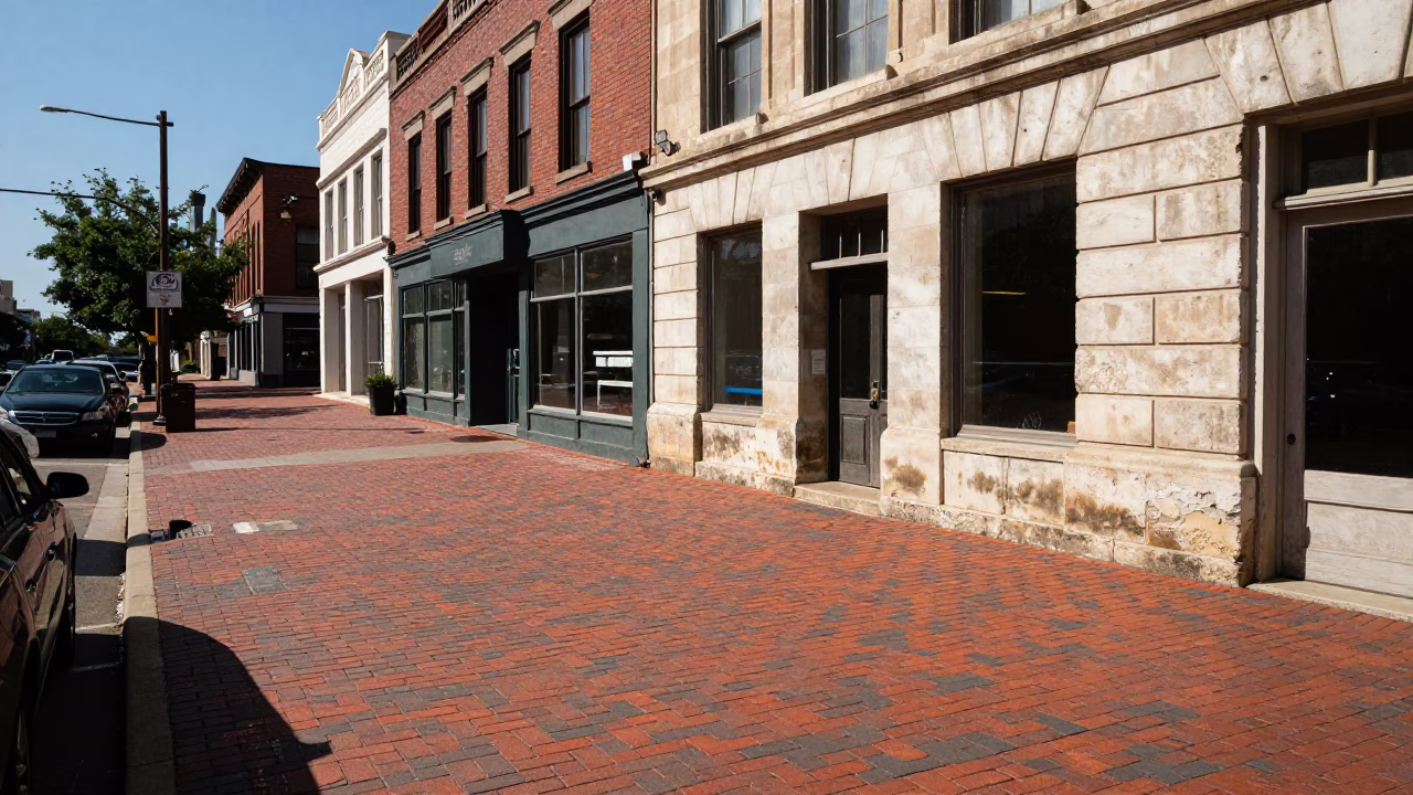 Austin Texas Noon Street Scene with Red Brick Sidewalks and Historic Architecture in in Austin, Texas, United States