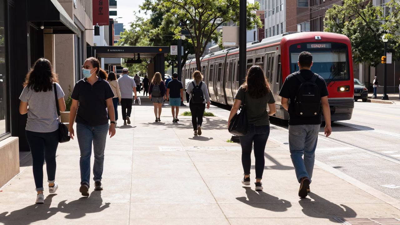 Austin Texas Noon Sunlight on Downtown Sidewalks with Commuters and Urban Architecture in in Austin, Texas, United States