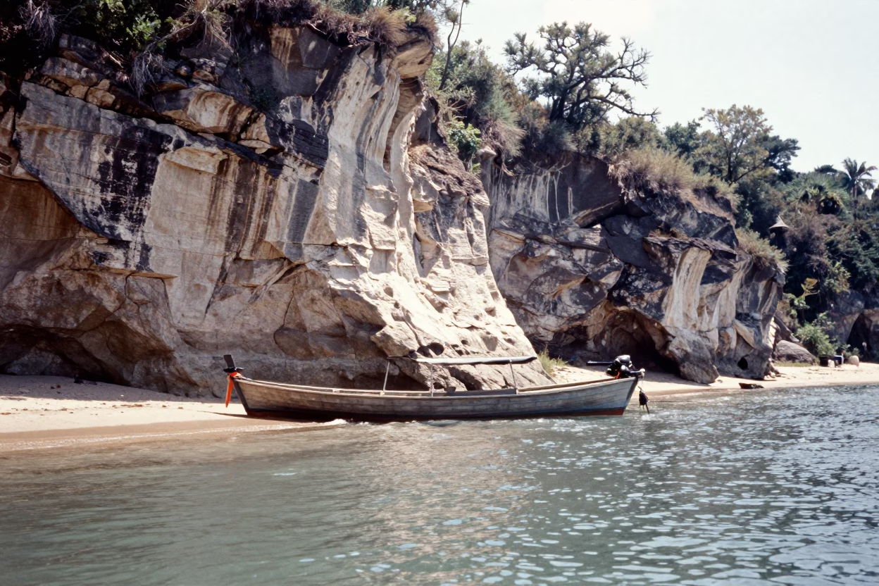 Austin Texas Noon Sunlight Over Limestone Cliff and Longtail Boat at Beach in in Austin, Texas, United States