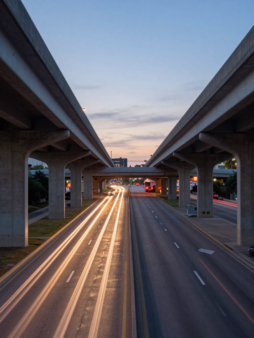 Austin Texas Overpass Interchange Lane Split Lit By Taillight Streaks Before Sunrise in in Austin, Texas, United States