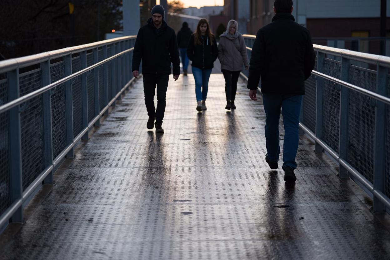 Austin Texas Pedestrian Overpass Perforated Metal Wet Footsteps Before Sunrise 1970s Realistic Photograph in in Austin, Texas, United States