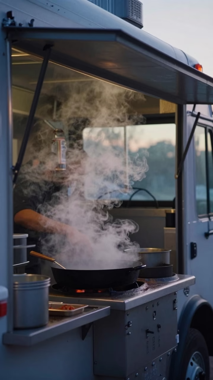 Austin Texas Pre-Dawn Food Truck Kitchen with Steam and Skillet in in Austin, Texas, United States