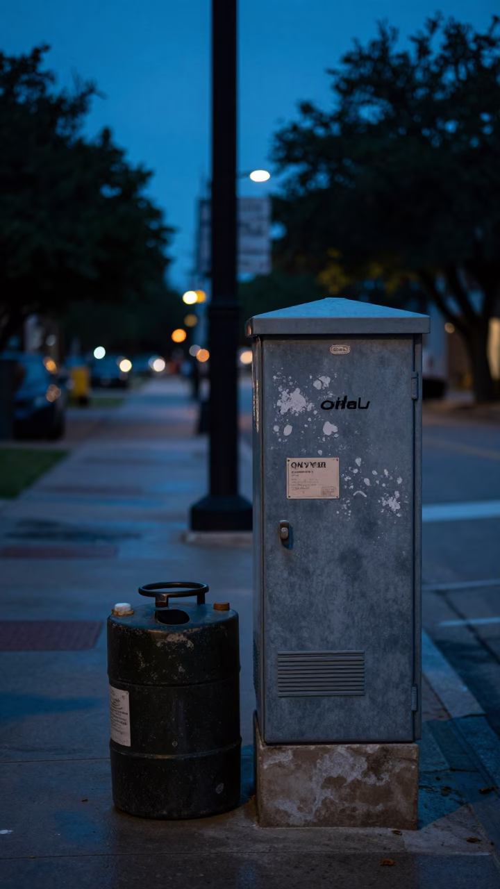 Austin Texas Pre-Dawn Street Scene with Canisters and Urban Elements in in Austin, Texas, United States