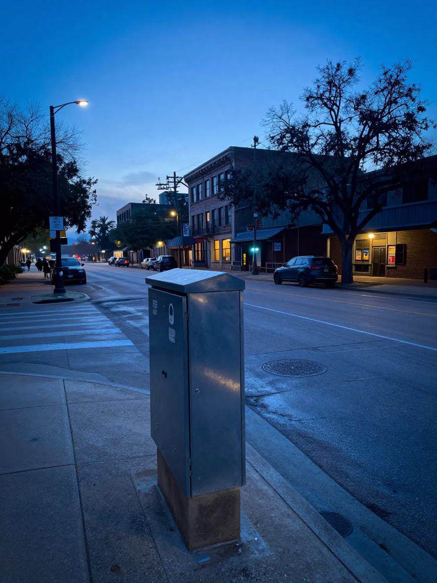 Austin Texas Pre-Dawn Street Scene with Condensation and Urban Details in in Austin, Texas, United States