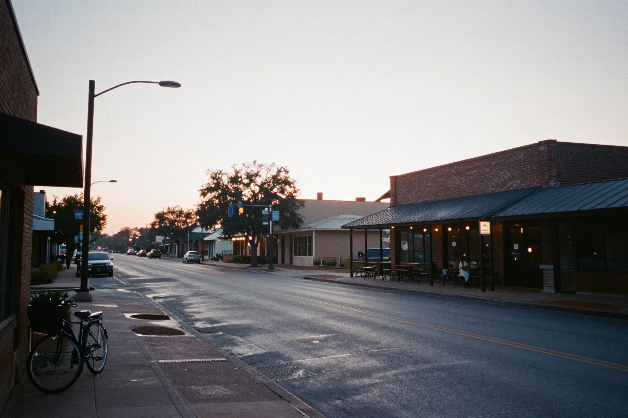 Austin Texas Pre-Dawn Street Scene with Condensation on Glass and Bicycle in in Austin, Texas, United States