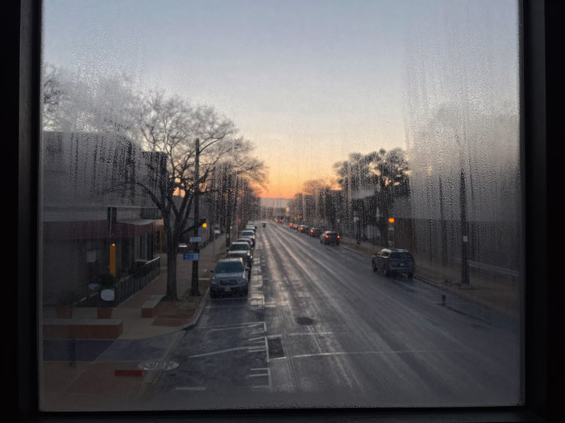Austin Texas Pre-Dawn Street Scene with Condensation on Glass and Urban Activity in in Austin, Texas, United States