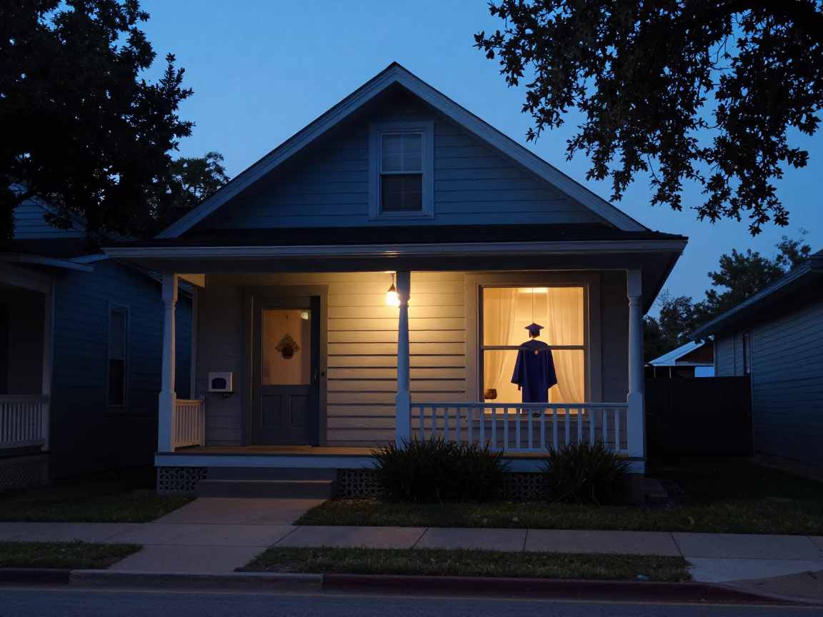 Austin Texas Pre-Dawn Street Scene with Graduation Gown Hanging in Window in in Austin, Texas, United States