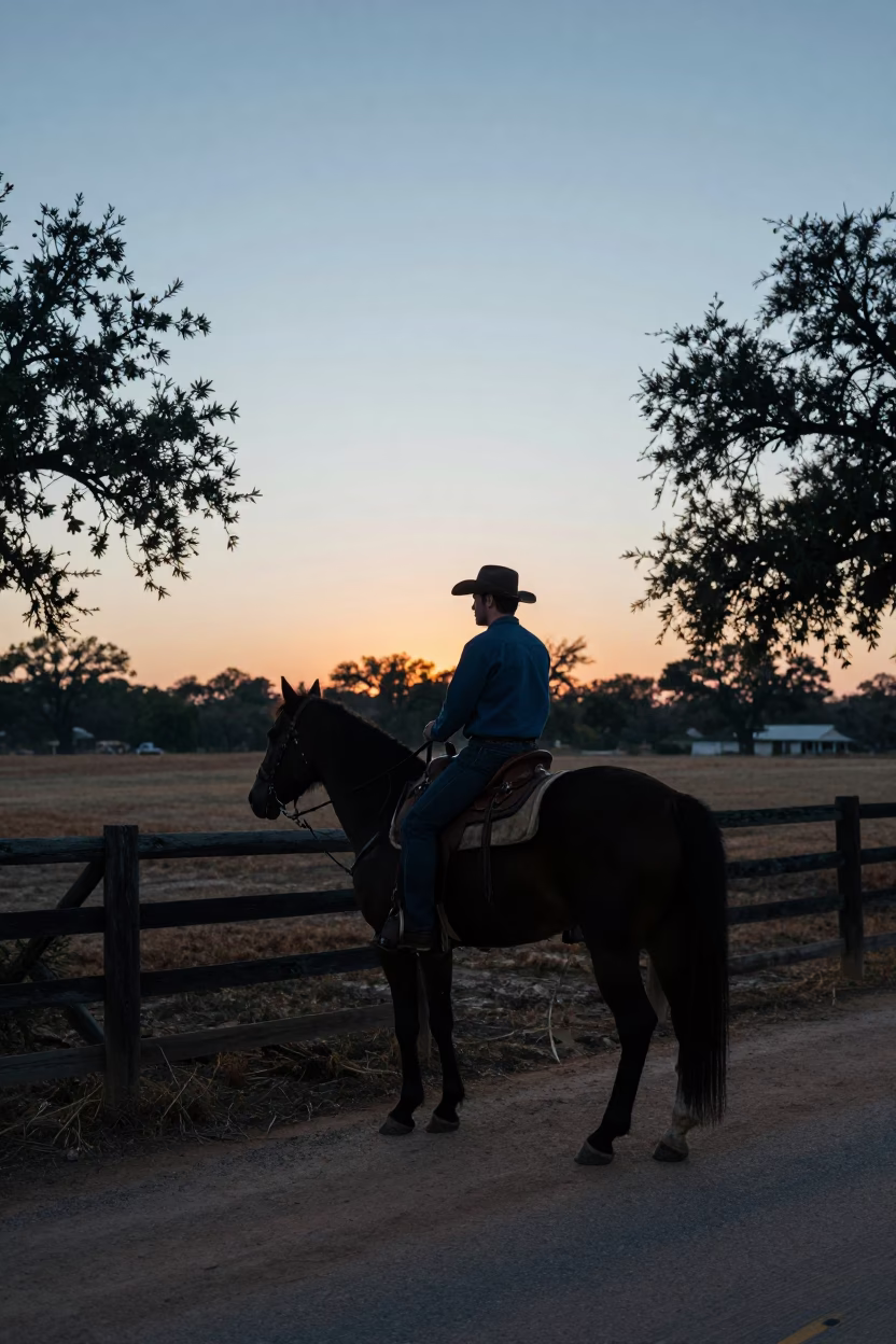 Austin Texas Pre-Dawn Street Scene with Horse and Rider at Sunrise in in Austin, Texas, United States